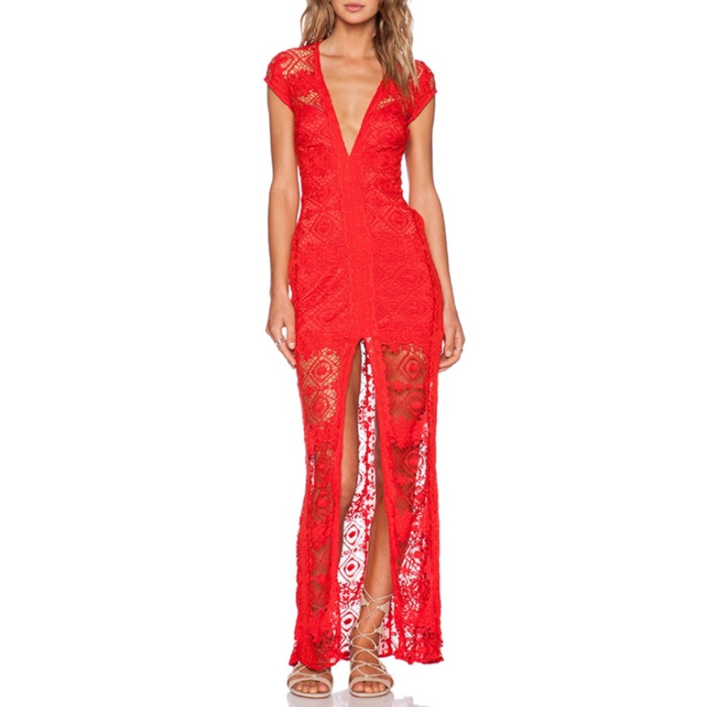 For Love & Lemons Mariposa Slit Maxi • Hot Red Crochet Lace FL&L